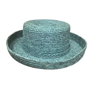 LIZ Claiborne Green Blue Kettle Brim Woven Poly Straw Hat Quiet Luxury